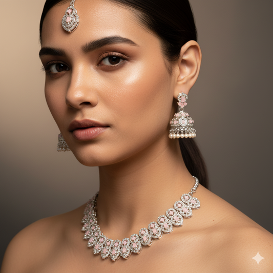 Elegant Silver-Plated Light Pink Stone Necklace Set with Earrings | Bridal & Party Wear Designer Jewelry for Women