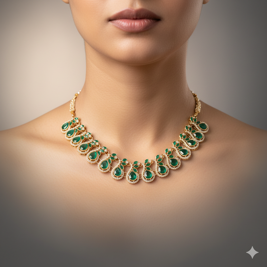 Elegant Emerald Green Stone Necklace Set for Women | Gold-Plated Bridal & Party Wear Designer Jewelry