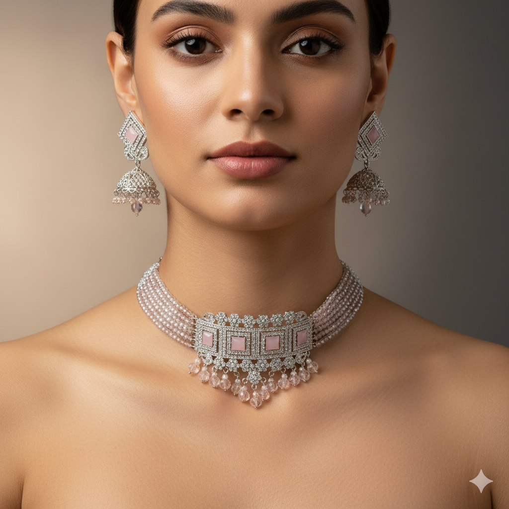 Elegant Silver & Pink Stone Choker Necklace Set for Women | Bridal & Party Wear Jewelry Set