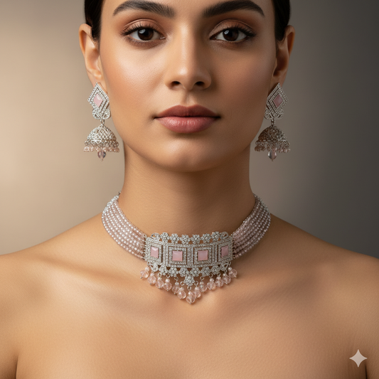 Elegant Silver & Pink Stone Choker Necklace Set for Women | Bridal & Party Wear Jewelry Set