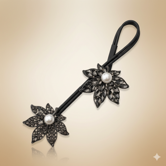 Elegant Black Floral Pearl Hair Tie | Premium Elastic Hair Accessory for Women & Girls | Party Wear Hair Band