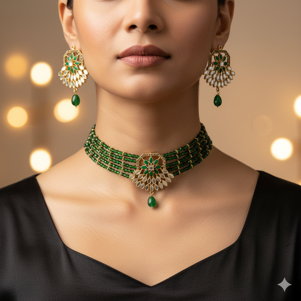 Royal Green Beaded Choker Necklace Set with Earrings | Gold-Plated Kundan Work Traditional Jewelry for Women