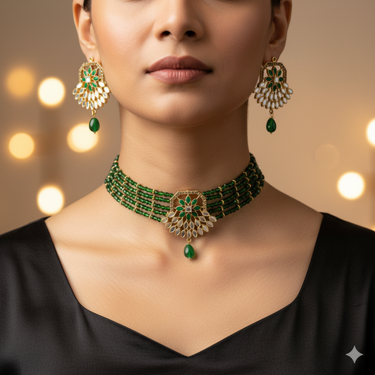 Royal Green Beaded Choker Necklace Set with Earrings | Gold-Plated Kundan Work Traditional Jewelry for Women