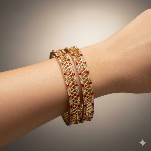 Royal Red Stone Gold-Plated Bangles Set for Women | Traditional Bridal & Party Wear Jewelry