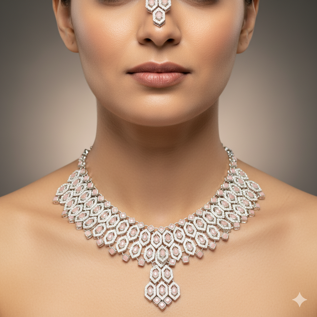 Elegant Light Pink Stone Necklace Set with Earrings & Maang Tikka | Gold-Plated Bridal & Party Wear Jewelry