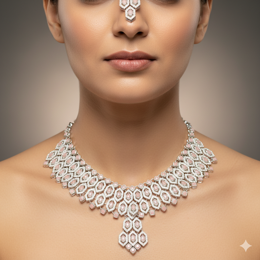 Elegant Light Pink Stone Necklace Set with Earrings & Maang Tikka | Gold-Plated Bridal & Party Wear Jewelry