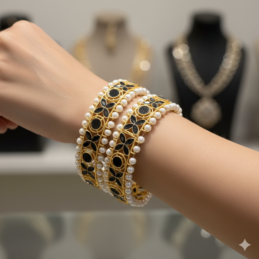 Royal Black Stone & Pearl Gold-Plated Bangles Set with Jhumka Design | Traditional Bridal & Party Wear Jewelry