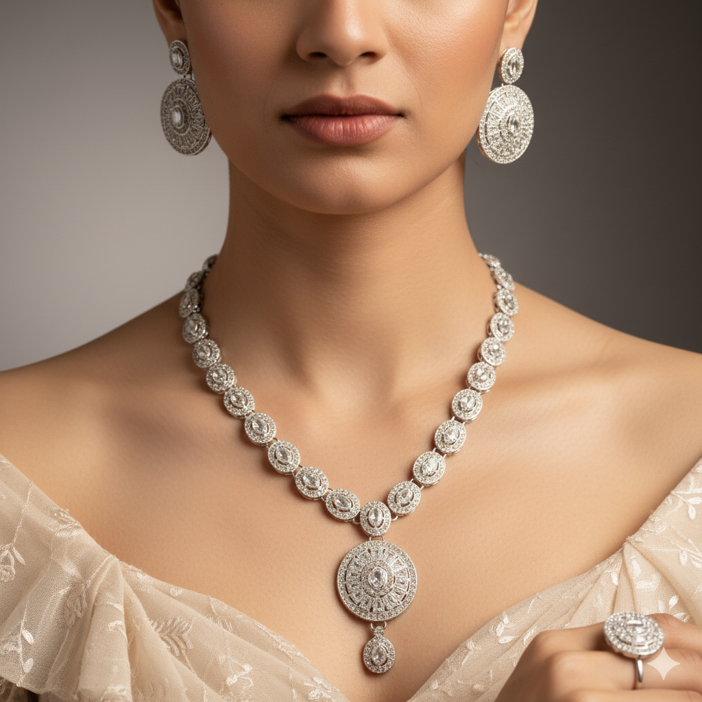 Luxury Silver Diamond Look Necklace Set with Earrings & Maang Tikka | Bridal & Party Wear CZ Jewelry Set for Women