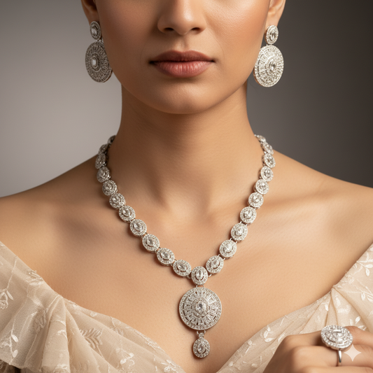Luxury Silver Diamond Look Necklace Set with Earrings & Maang Tikka | Bridal & Party Wear CZ Jewelry Set for Women