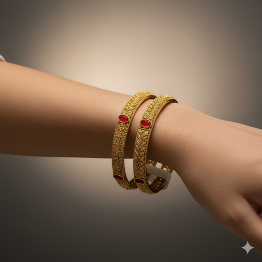 Antique Gold-Plated Bangles with Red Stone Detailing | Traditional Bridal & Festive Wear Kada Set for Women