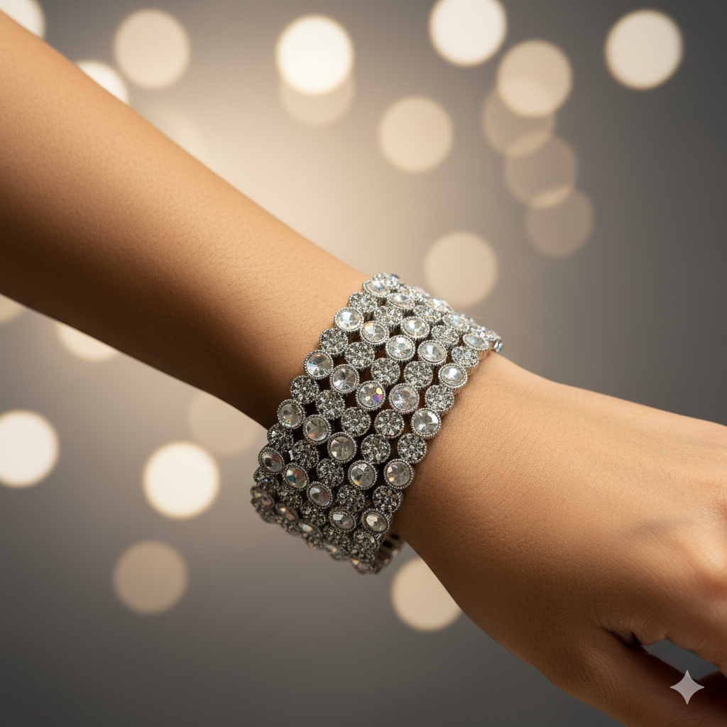 Luxury Silver Diamond Look Crystal Bangles Set for Women | Party Wear & Bridal Fashion Jewelry