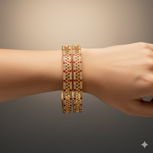 Designer Gold-Plated Red Stone Bangles Set for Women | Traditional Bridal & Party Wear Kada Bangles