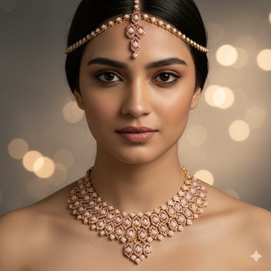 Luxury Rose Pink Stone Necklace Set with Earrings & Maang Tikka | Gold-Plated Bridal & Party Wear Jewelry for Women