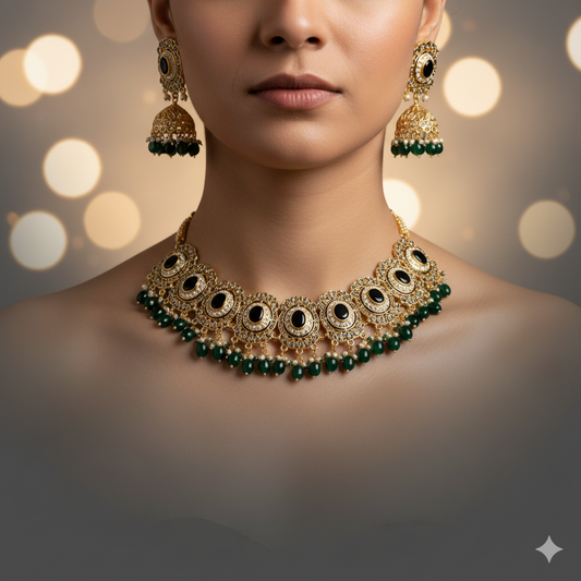 Royal Black Stone Gold-Plated Choker Necklace Set with Earrings & Maang Tikka | Traditional Bridal & Party Wear Jewelry