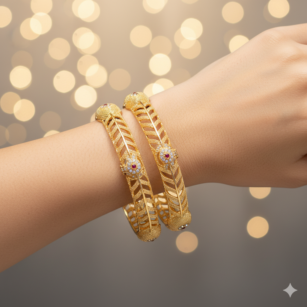 Designer Leaf Pattern Gold-Plated Kada Bangles for Women | Traditional Bridal & Party Wear Jewelry Set