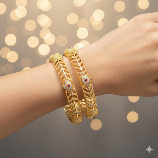 Designer Leaf Pattern Gold-Plated Kada Bangles for Women | Traditional Bridal & Party Wear Jewelry Set