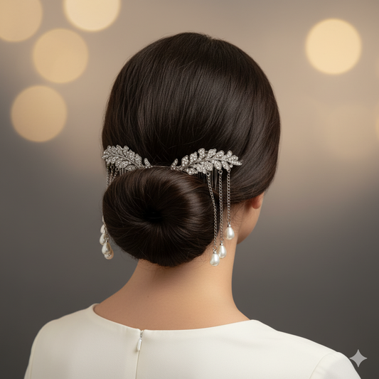 Luxury Crystal Leaf Hair Brooch with Hanging Pearls | Bridal & Party Wear Designer Hair Clip for Women