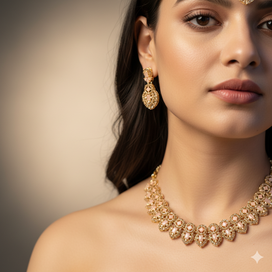 Luxury Light Pink Stone Gold-Plated Necklace Set with Earrings & Maang Tikka | Bridal & Party Wear Jewelry for Women
