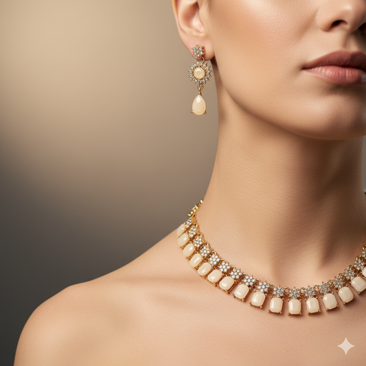Elegant White Stone Gold-Plated Necklace Set with Earrings | Bridal & Party Wear Designer Jewelry for Women