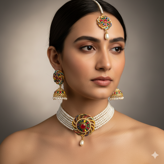 Royal Multi-Color Stone & Pearl Choker Set for Women | Traditional Bridal & Party Wear Kundan Jewelry