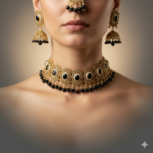 Royal Black Stone Gold-Plated Choker Set for Women | Traditional Bridal & Party Wear Kundan Jewelry with Earrings and Maang Tikka