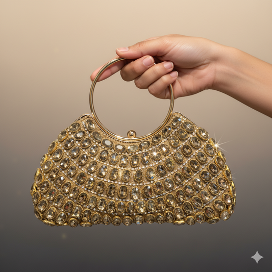 Luxury Gold Stone-Studded Bridal Clutch | Designer Crystal Handbag for Party & Wedding Wear Women