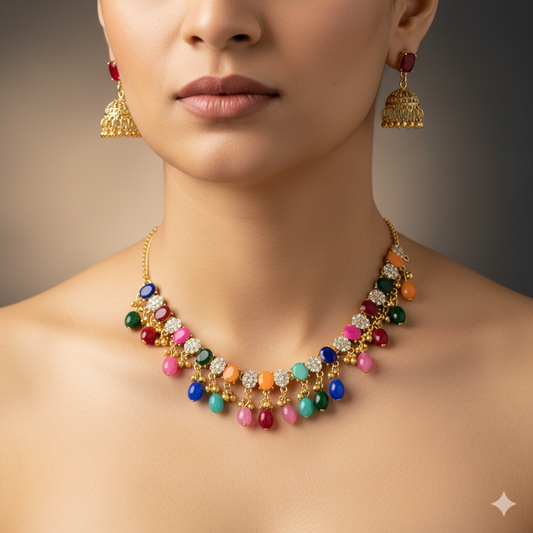 Multicolor Gemstone Necklace Set for Women | Designer Party & Festive Jewelry Set with Jhumka Earrings