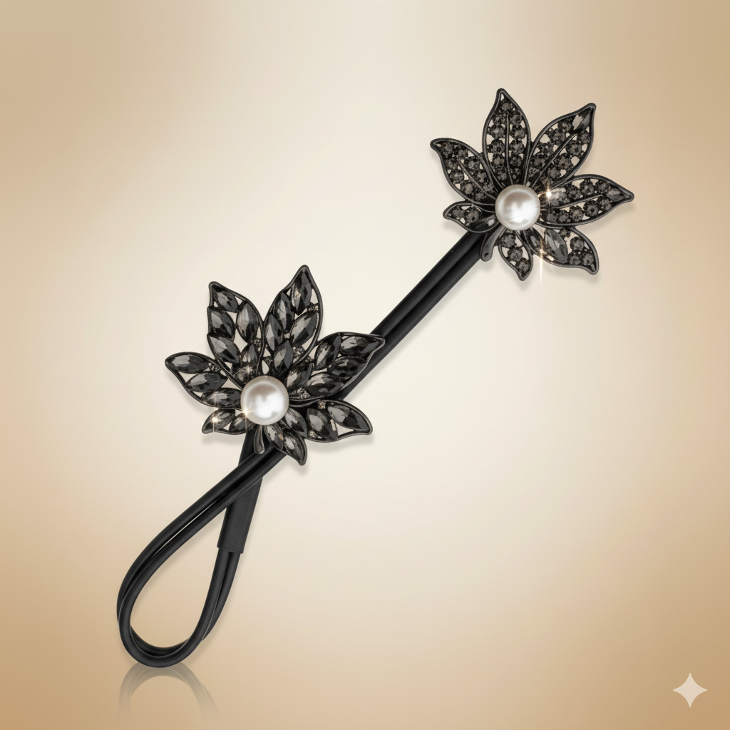 Elegant Black Floral Pearl Hair Tie | Premium Elastic Hair Accessory for Women & Girls | Party Wear Hair Band