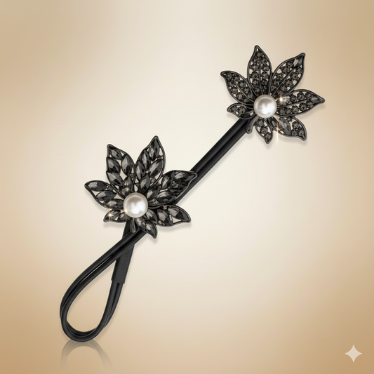 Elegant Black Floral Pearl Hair Tie | Premium Elastic Hair Accessory for Women & Girls | Party Wear Hair Band