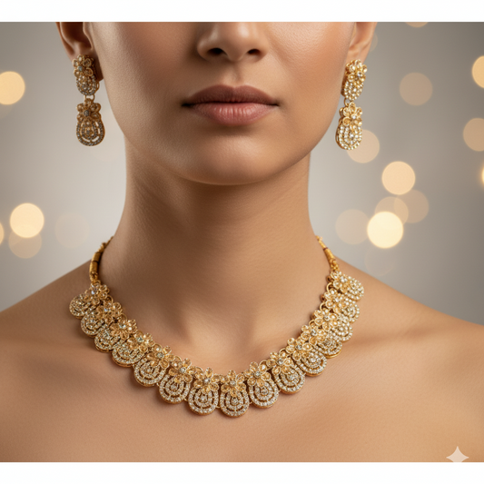 Elegant Floral Design Gold-Plated Necklace Set with Earrings | Traditional Bridal & Party Wear Jewelry for Women
