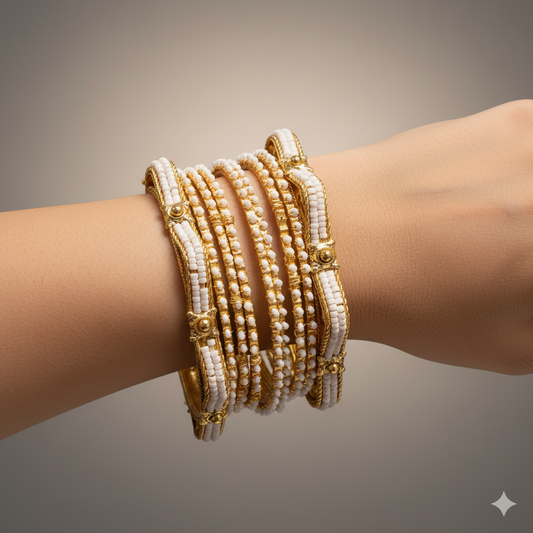 Traditional White Beaded Gold-Plated Bangles Set for Women | Bridal & Party Wear Ethnic Jewelry Collection