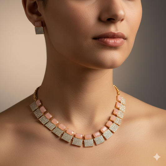 Modern Square Design Pink Stone Necklace Set for Women | Stylish Party Wear Gold-Plated Jewelry with Earrings