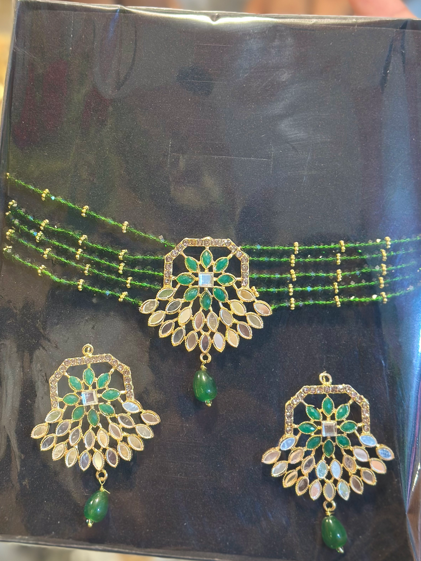 Royal Green Beaded Choker Necklace Set with Earrings | Gold-Plated Kundan Work Traditional Jewelry for Women