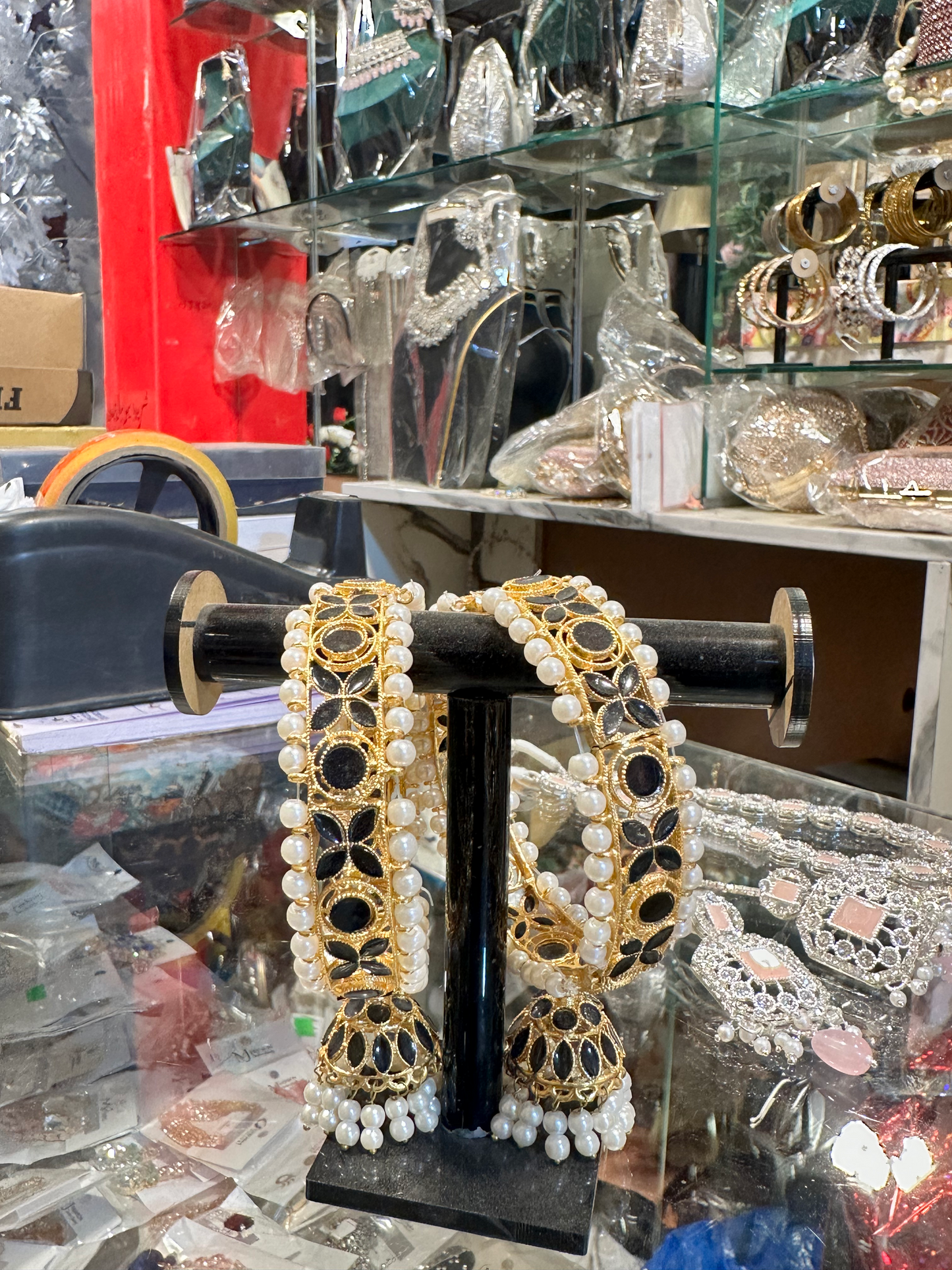 Royal Black Stone & Pearl Gold-Plated Bangles Set with Jhumka Design | Traditional Bridal & Party Wear Jewelry