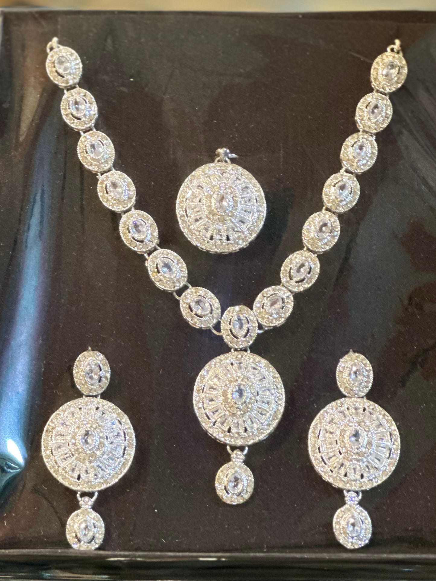 Luxury Silver Diamond Look Necklace Set with Earrings & Maang Tikka | Bridal & Party Wear CZ Jewelry Set for Women