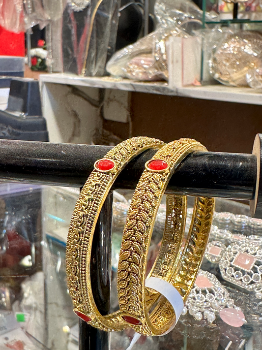 Antique Gold-Plated Bangles with Red Stone Detailing | Traditional Bridal & Festive Wear Kada Set for Women