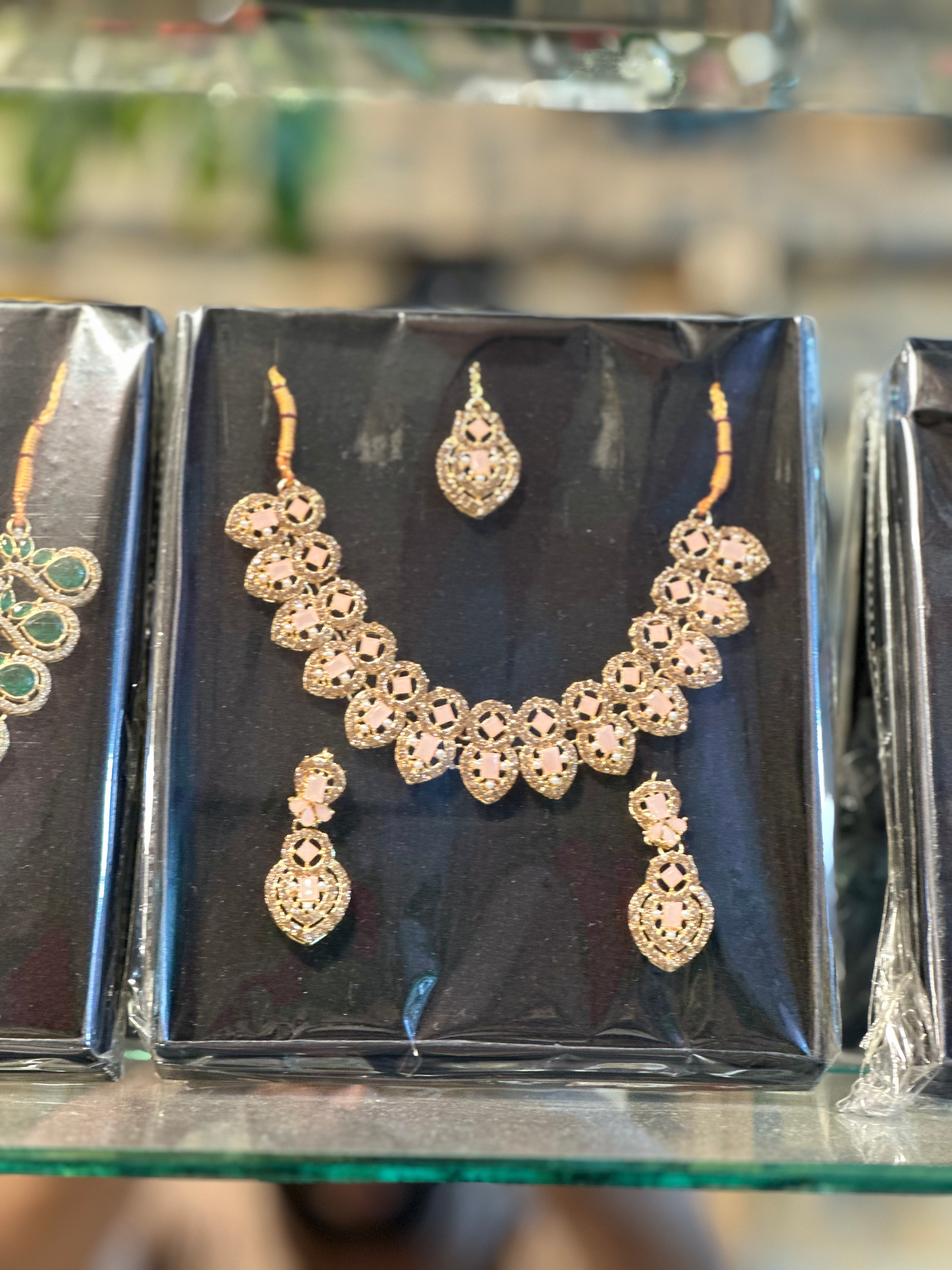 Luxury Light Pink Stone Gold-Plated Necklace Set with Earrings & Maang Tikka | Bridal & Party Wear Jewelry for Women