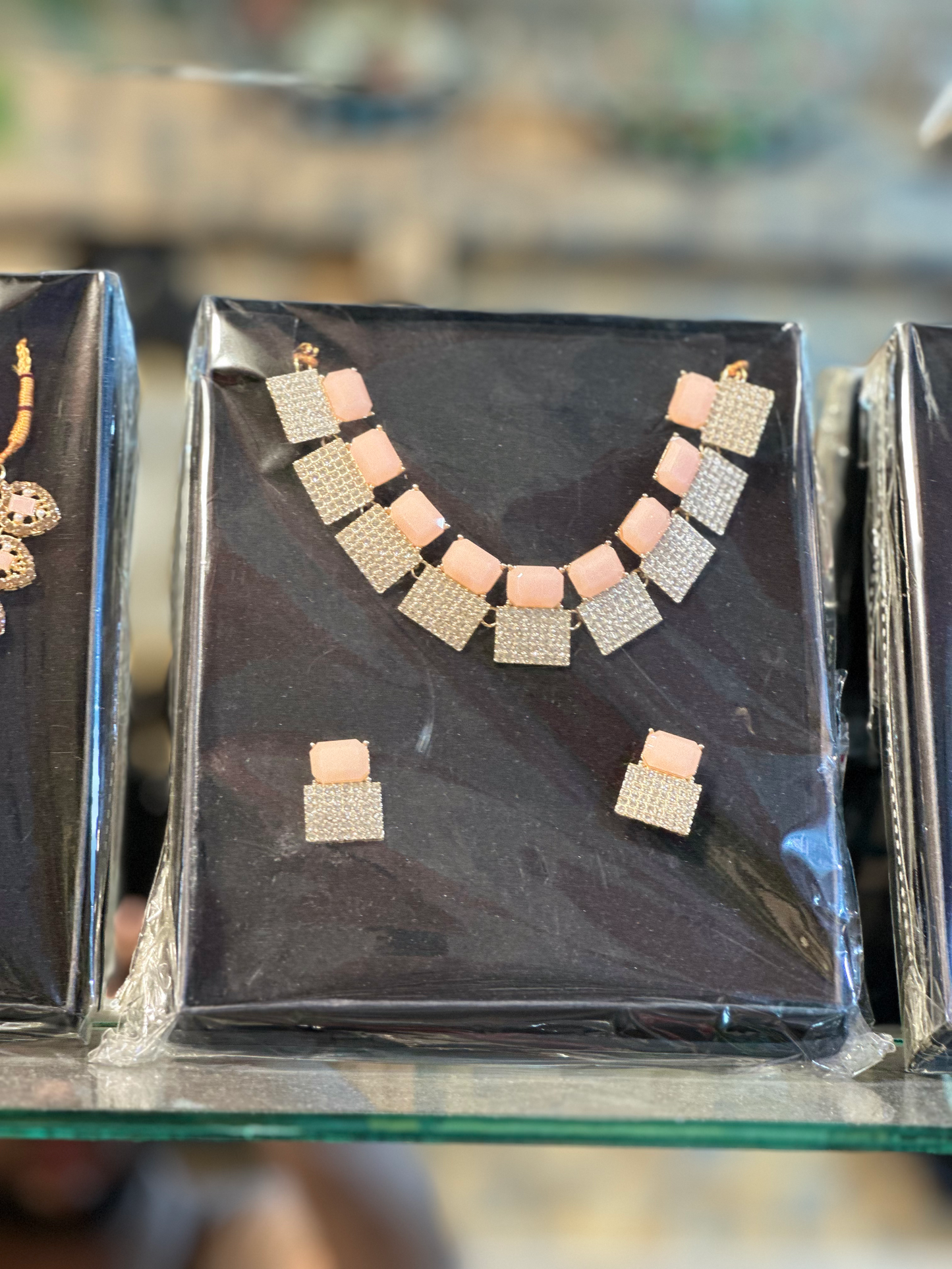 Modern Square Design Pink Stone Necklace Set for Women | Stylish Party Wear Gold-Plated Jewelry with Earrings