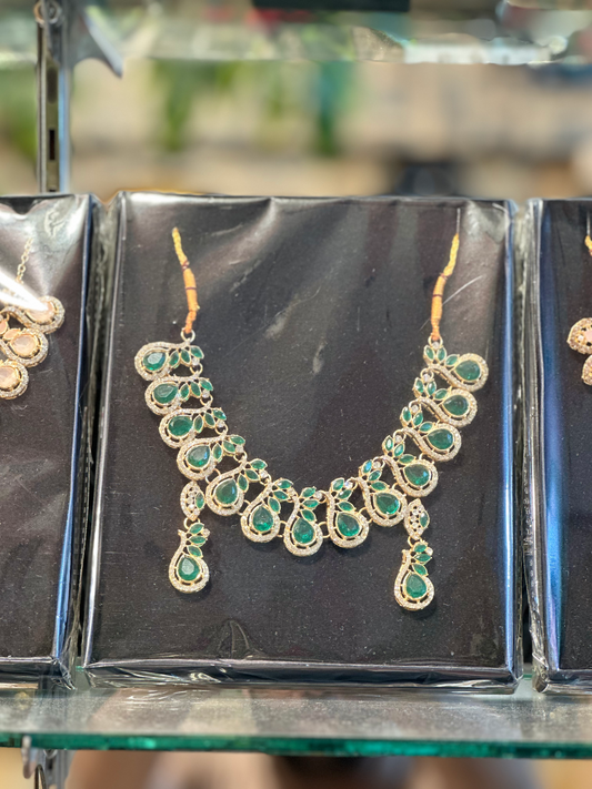 Elegant Emerald Green Stone Necklace Set for Women | Gold-Plated Bridal & Party Wear Designer Jewelry