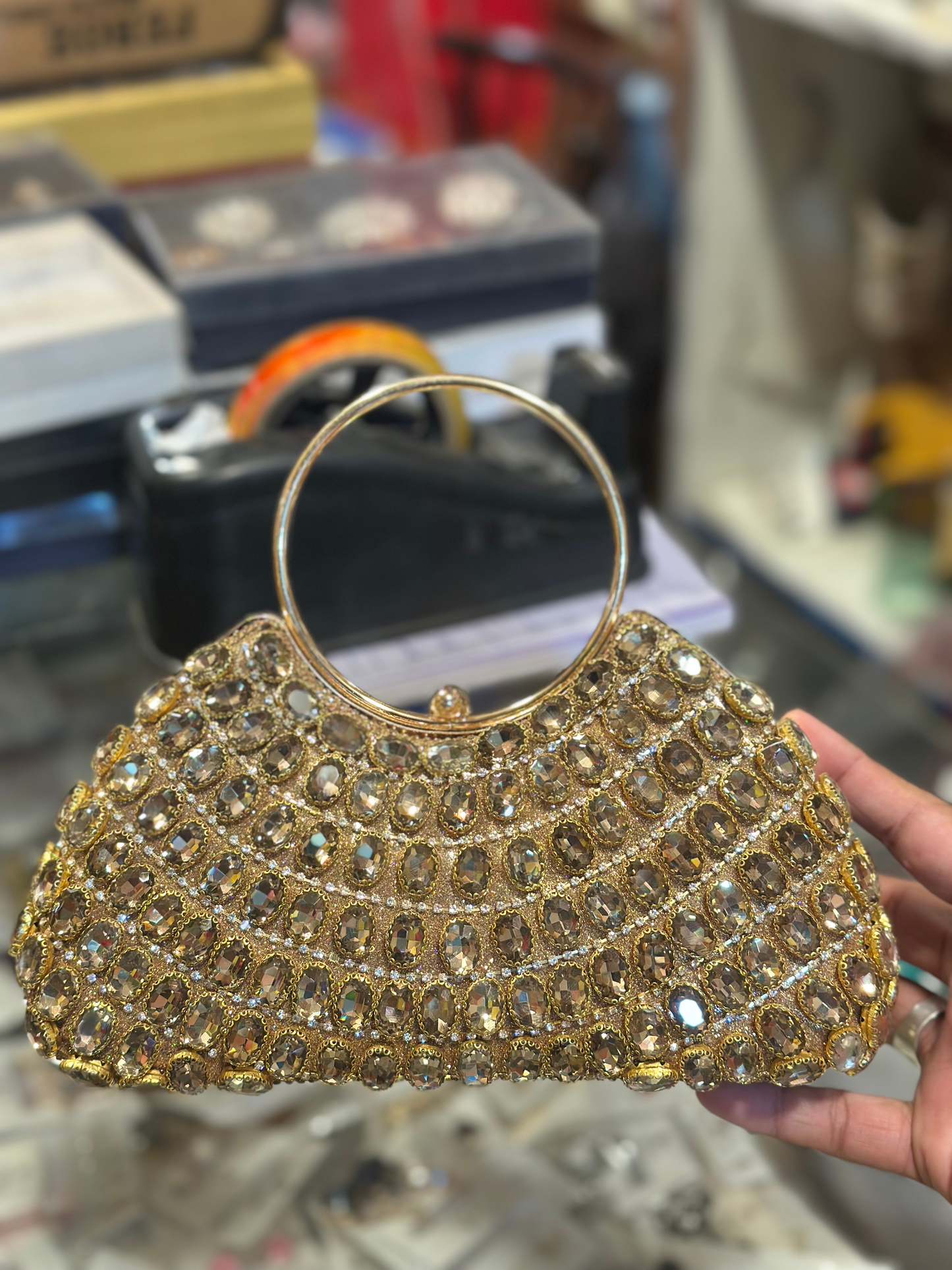 Luxury Gold Stone-Studded Bridal Clutch | Designer Crystal Handbag for Party & Wedding Wear Women