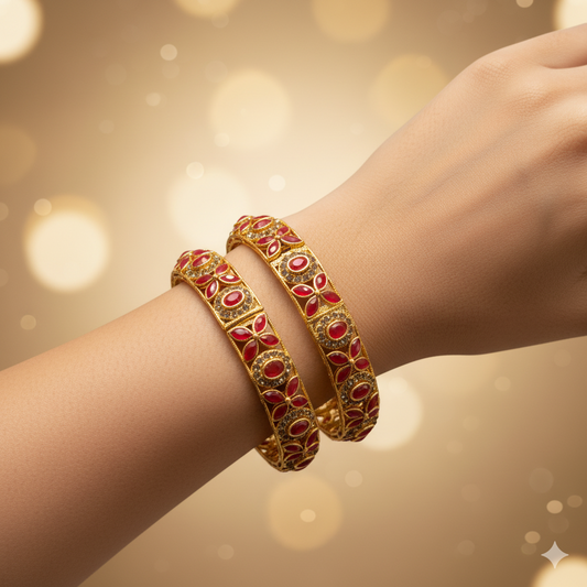 Royal Red Stone Gold-Plated Bangles for Women | Traditional Bridal & Party Wear Kada Design