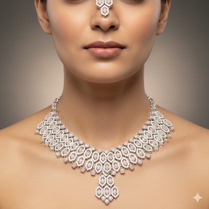 Elegant Light Pink Stone Necklace Set with Earrings & Maang Tikka | Gold-Plated Bridal & Party Wear Jewelry