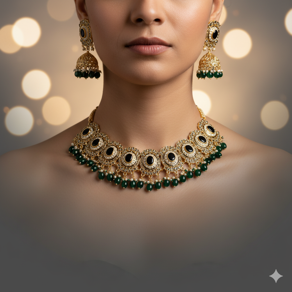 Royal Black Stone Gold-Plated Choker Necklace Set with Earrings & Maang Tikka | Traditional Bridal & Party Wear Jewelry