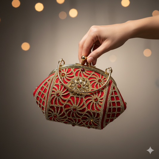Luxury Red Bridal Clutch with Golden Stone Work | Handcrafted Party & Wedding Potli Bag for Women