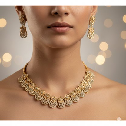 Elegant Floral Design Gold-Plated Necklace Set with Earrings | Traditional Bridal & Party Wear Jewelry for Women