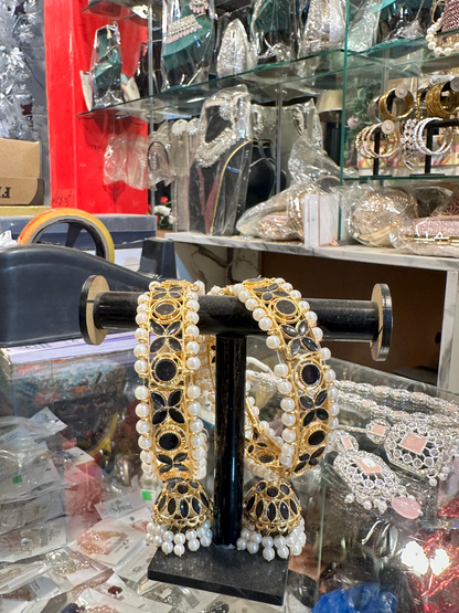 Royal Black Stone & Pearl Gold-Plated Bangles Set with Jhumka Design | Traditional Bridal & Party Wear Jewelry