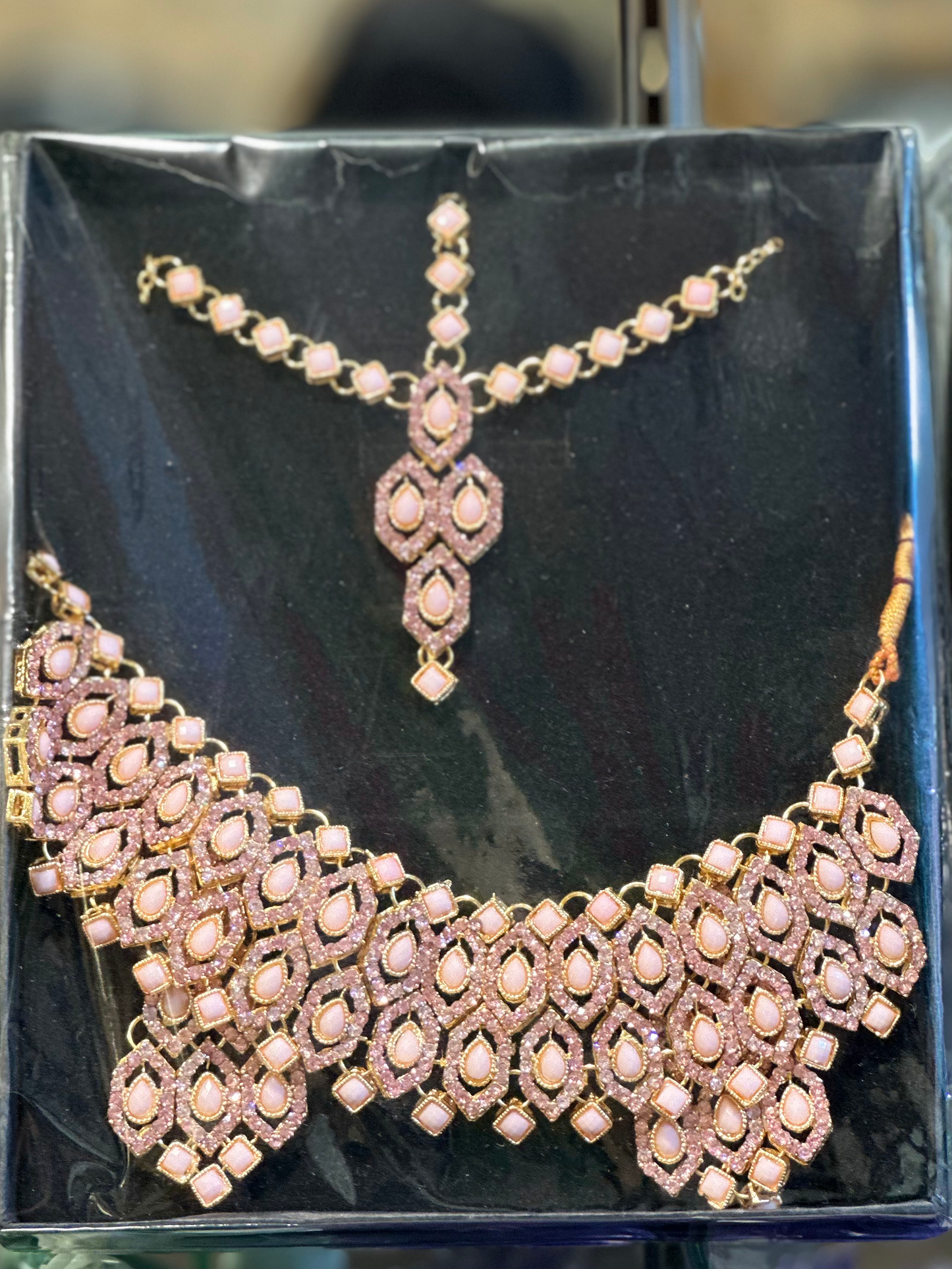 Luxury Rose Pink Stone Necklace Set with Earrings & Maang Tikka | Gold-Plated Bridal & Party Wear Jewelry for Women