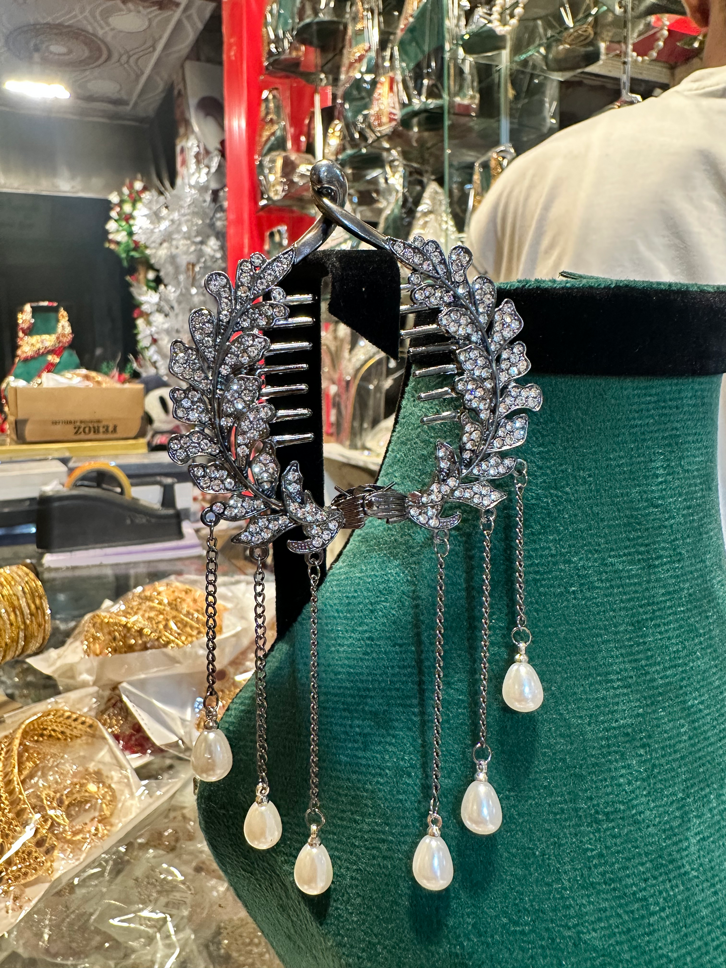 Luxury Crystal Leaf Hair Brooch with Hanging Pearls | Bridal & Party Wear Designer Hair Clip for Women