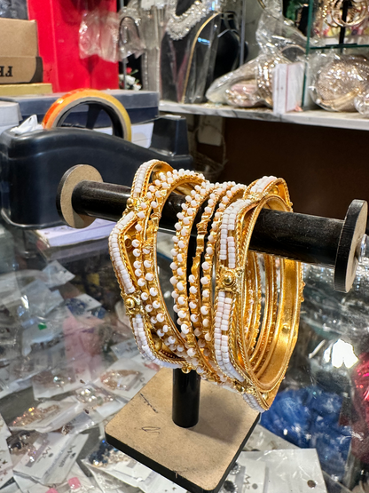 Traditional White Beaded Gold-Plated Bangles Set for Women | Bridal & Party Wear Ethnic Jewelry Collection