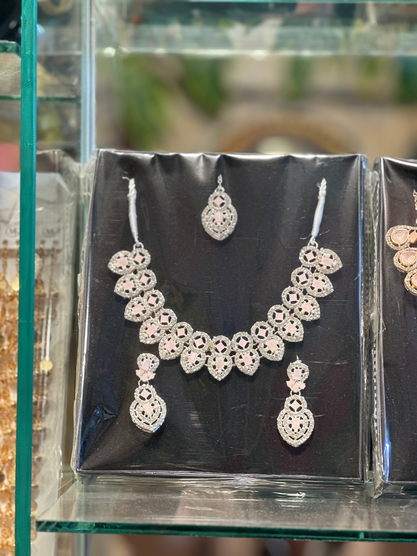 Elegant Silver-Plated Light Pink Stone Necklace Set with Earrings | Bridal & Party Wear Designer Jewelry for Women